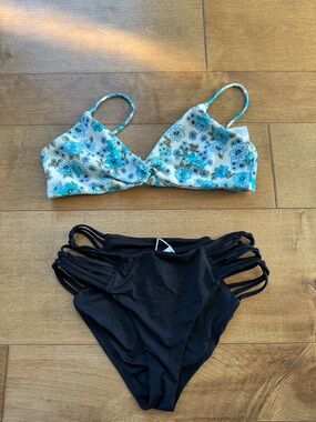 O'Neill Floral White & Turquoise Bikini Set with Black Bottoms